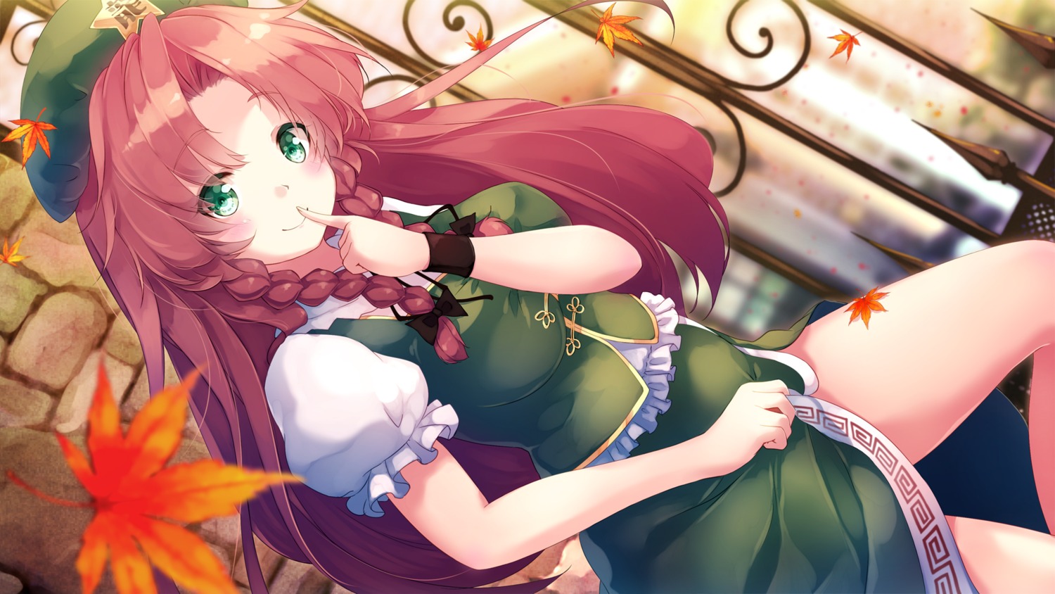 breast_hold, gengetsu_chihiro, hong_meiling, skirt_lift, touhou, wallpaper