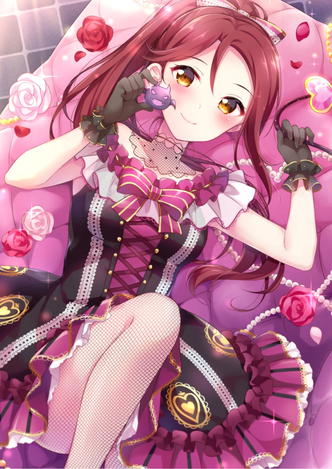 dress, fishnets, hazuki_(sutasuta), love_live!_(series), love_live!_sunshine!!, pantyhose, sakurauchi_riko, skirt_lift