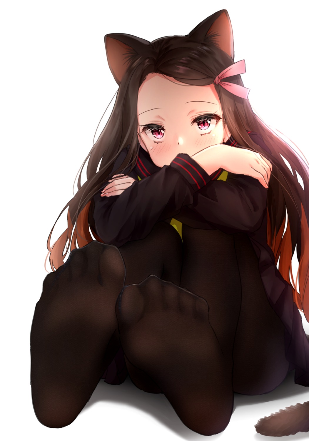 animal_ears, feet, haru_(re_ilust), kamado_nezuko, kimetsu_no_yaiba, pantyhose, seifuku, tail