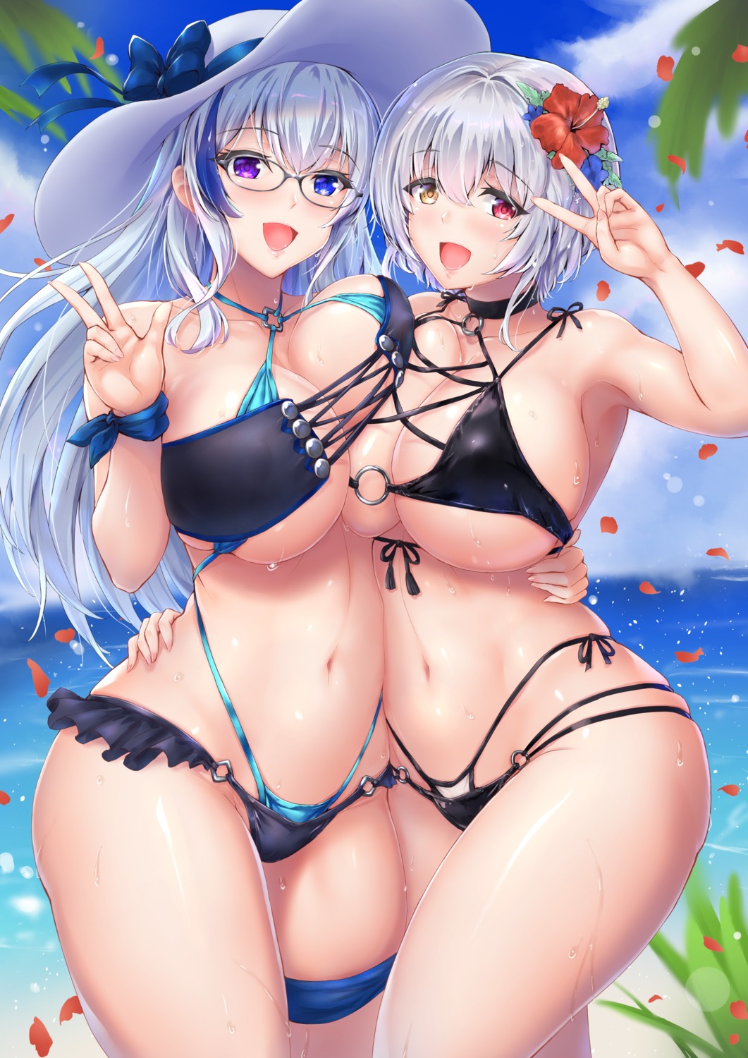 alicia_renato_(yashiro_sousaku), bikini, cleavage, erect_nipples, garter, heterochromia, hyouka_(yashiro_sousaku), megane, swimsuits, symmetrical_docking, tori_(puru0083), wet, yuri