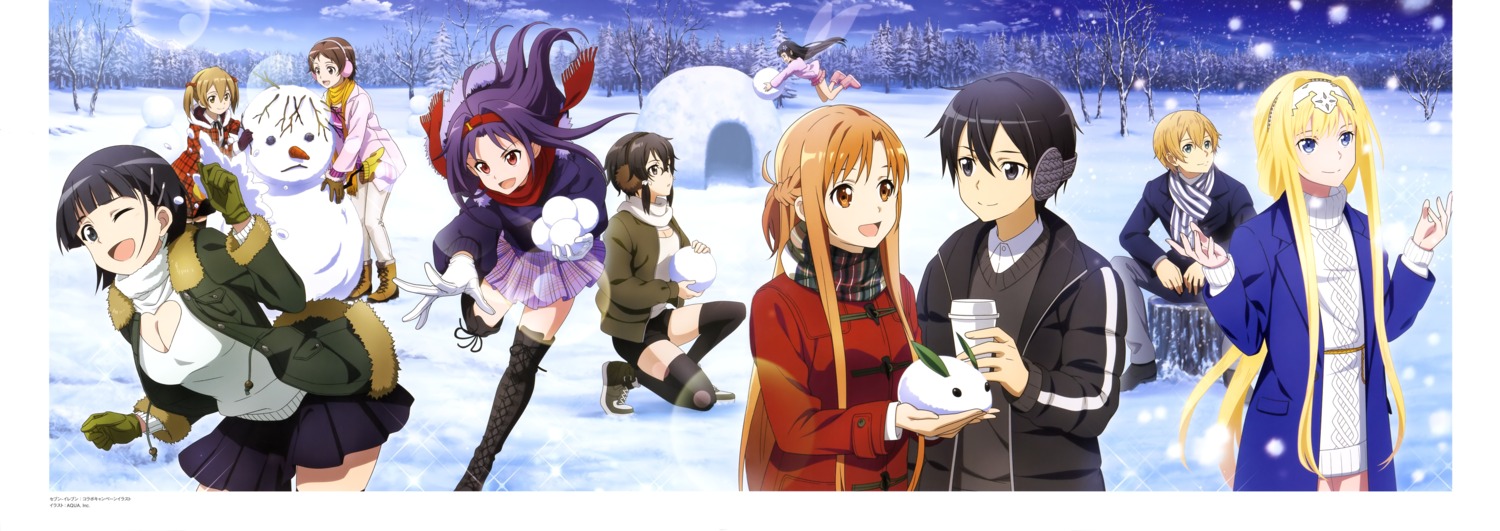 alice_zuberg, aquastar_inc., asada_shino, asuna_(sword_art_online), cleavage, eugeo, kirigaya_suguha, kirito