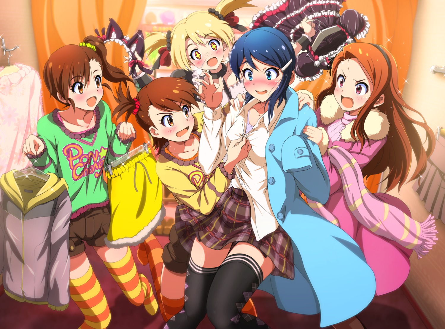 araburu-hinadori, futami_ami, futami_mami, minase_iori, mizutani_eri, suzuki_ayane, the_idolm@ster, the_idolm@ster_dearly_stars, thighhighs, undressing, yuri