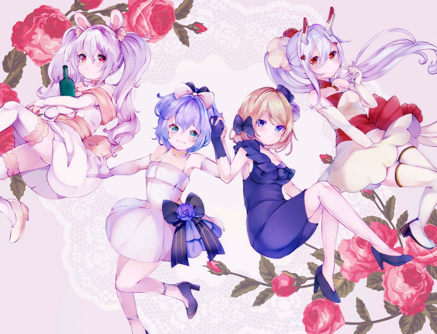 animal_ears, ayanami_(azur_lane), azur_lane, bunny_ears, cleavage, dress, heels, javelin_(azur_lane), laffey_(azur_lane), pantyhose, skirt_lift, thighhighs, yaekn, z23_(azur_lane)