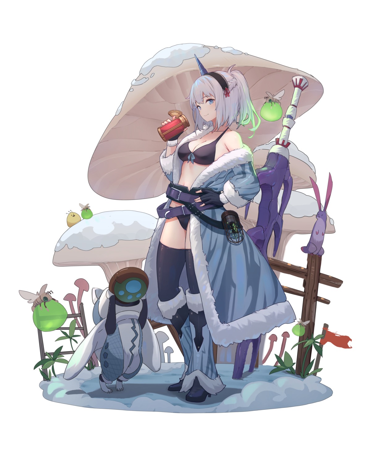 bikini, cleavage, heels, horns, kirin_(armor), monster_hunter, nekojira, open_shirt, swimsuits, sword, thighhighs