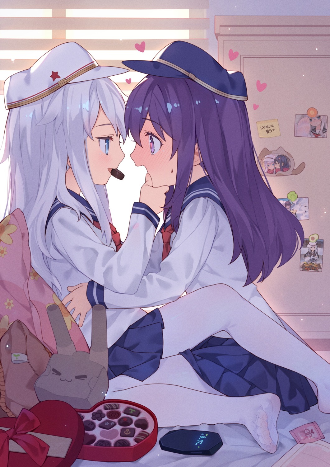 akatsuki_(kancolle), hibiki_(kancolle), kantai_collection, pantyhose, seifuku, skirt_lift, tsubasa_tsubasa, valentine, verniy_(kancolle), yuri