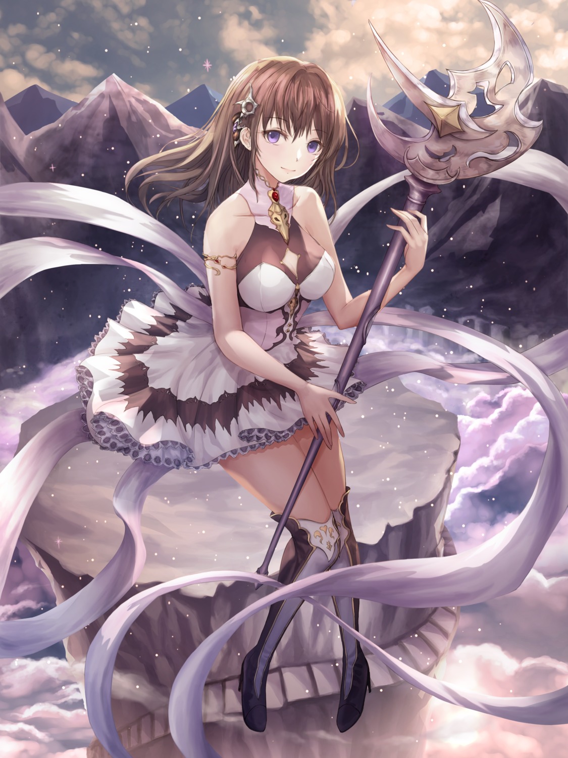 cleavage, dress, heels, skirt_lift, smi, thighhighs, weapon