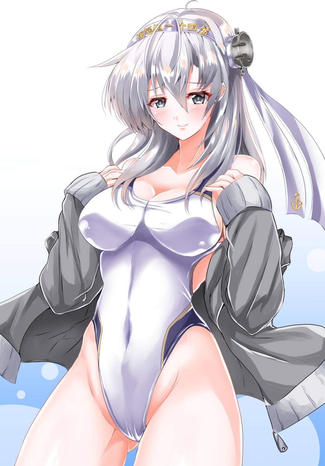 cleavage, kantai_collection, kentan, open_shirt, suzutsuki_(kancolle), swimsuits
