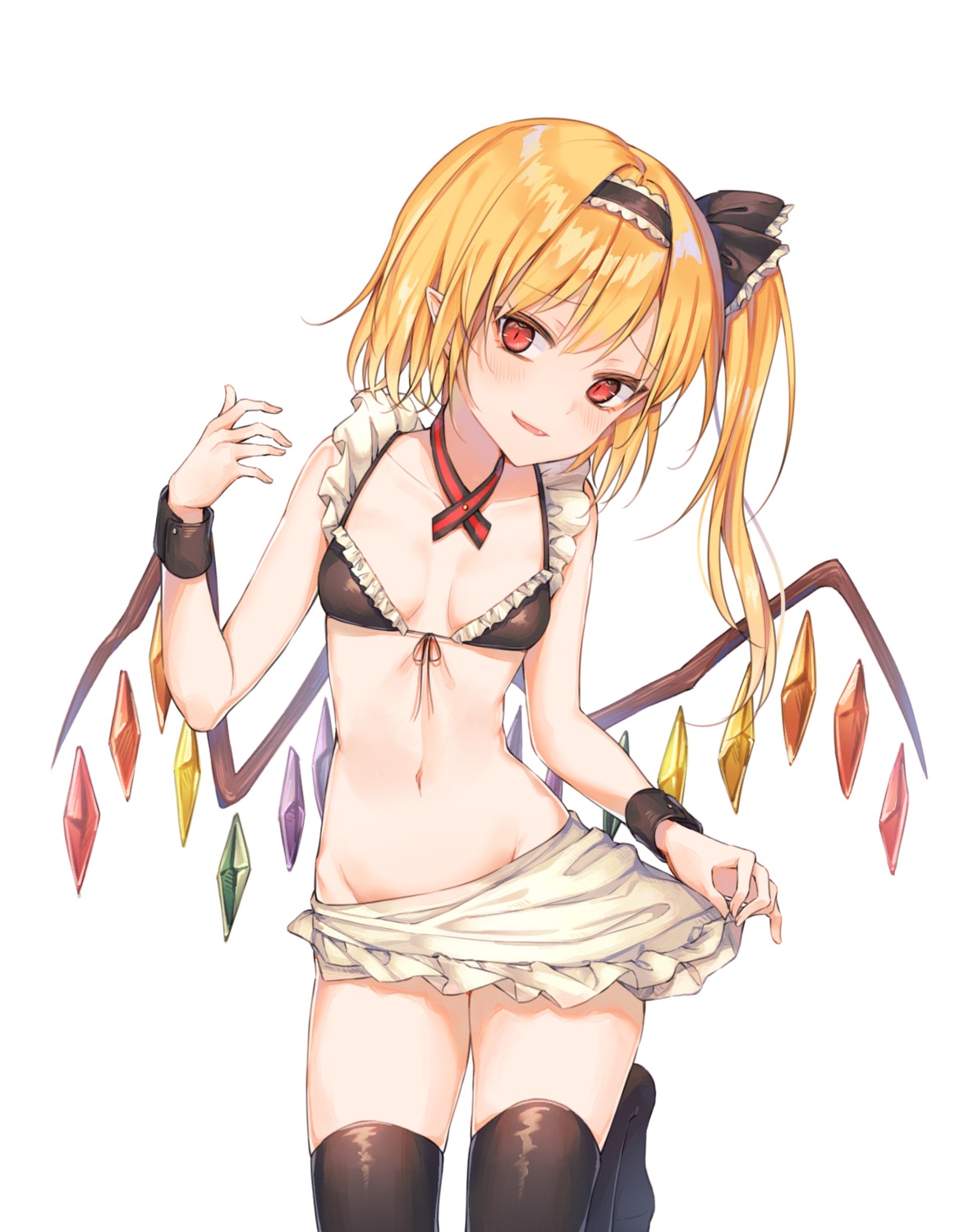 bra, cha_chya, flandre_scarlet, pointy_ears, skirt_lift, thighhighs, touhou, wings