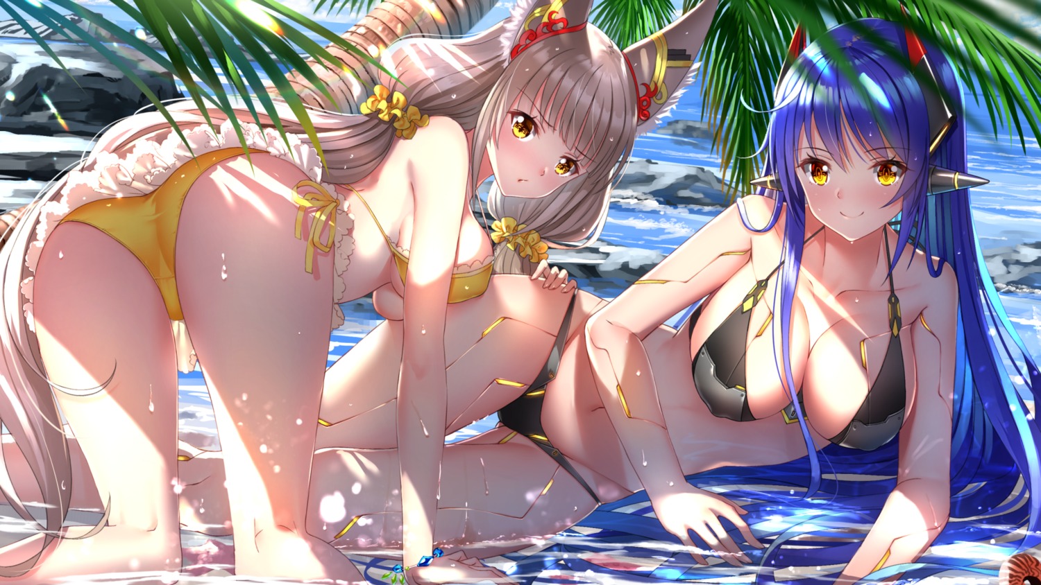 animal_ears, ass, bikini, erect_nipples, hana_(xenoblade_2), hana_jd, niyah, niyah_(blade), swimsuits, swordsouls, wallpaper, wet, xenoblade_(series), xenoblade_2