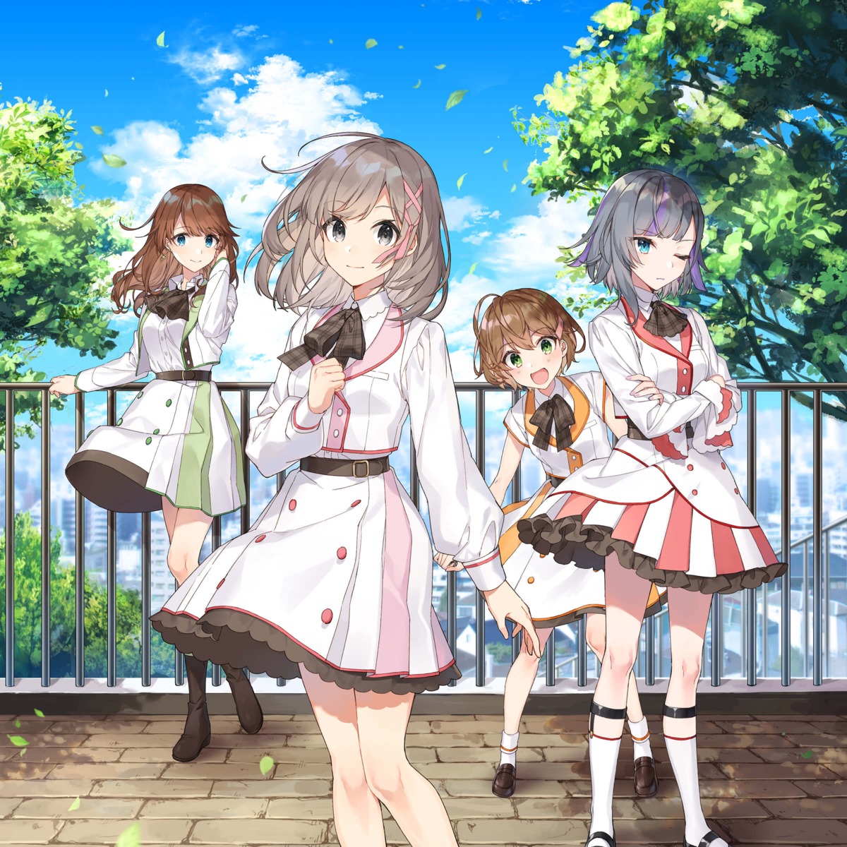 breast_hold, cue!, maruyama_rie, mutsuishi_haruna, seifuku, shirako_miso, skirt_lift, tendo_yuuki, yomine_miharu