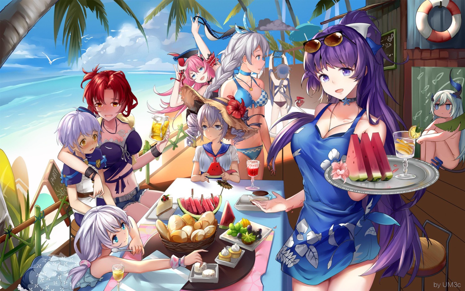 benghuai_xueyuan, bikini, bronya_zaychik, cleavage, honkai_impact, horns, kiana_kaslana, liliya_olenyeva, megane, raiden_mei, rozaliya_olenyeva, see_through, seifuku, swimsuits, theresa_apocalypse, umbrella_(um3c)