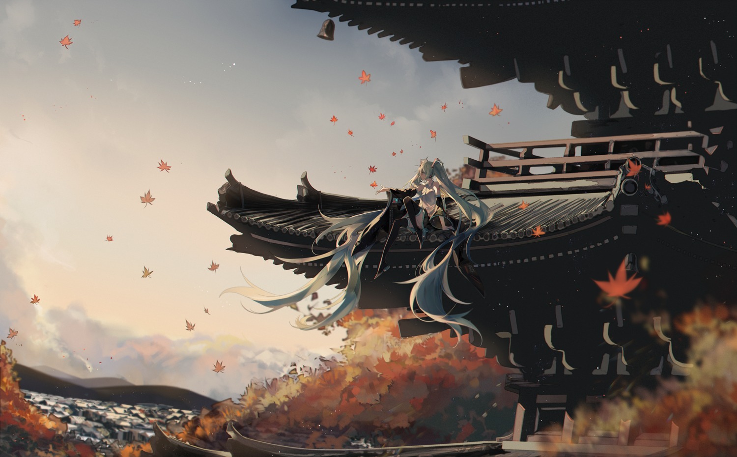 hatsune_miku, landscape, nura_orimoto, tattoo, thighhighs, vocaloid