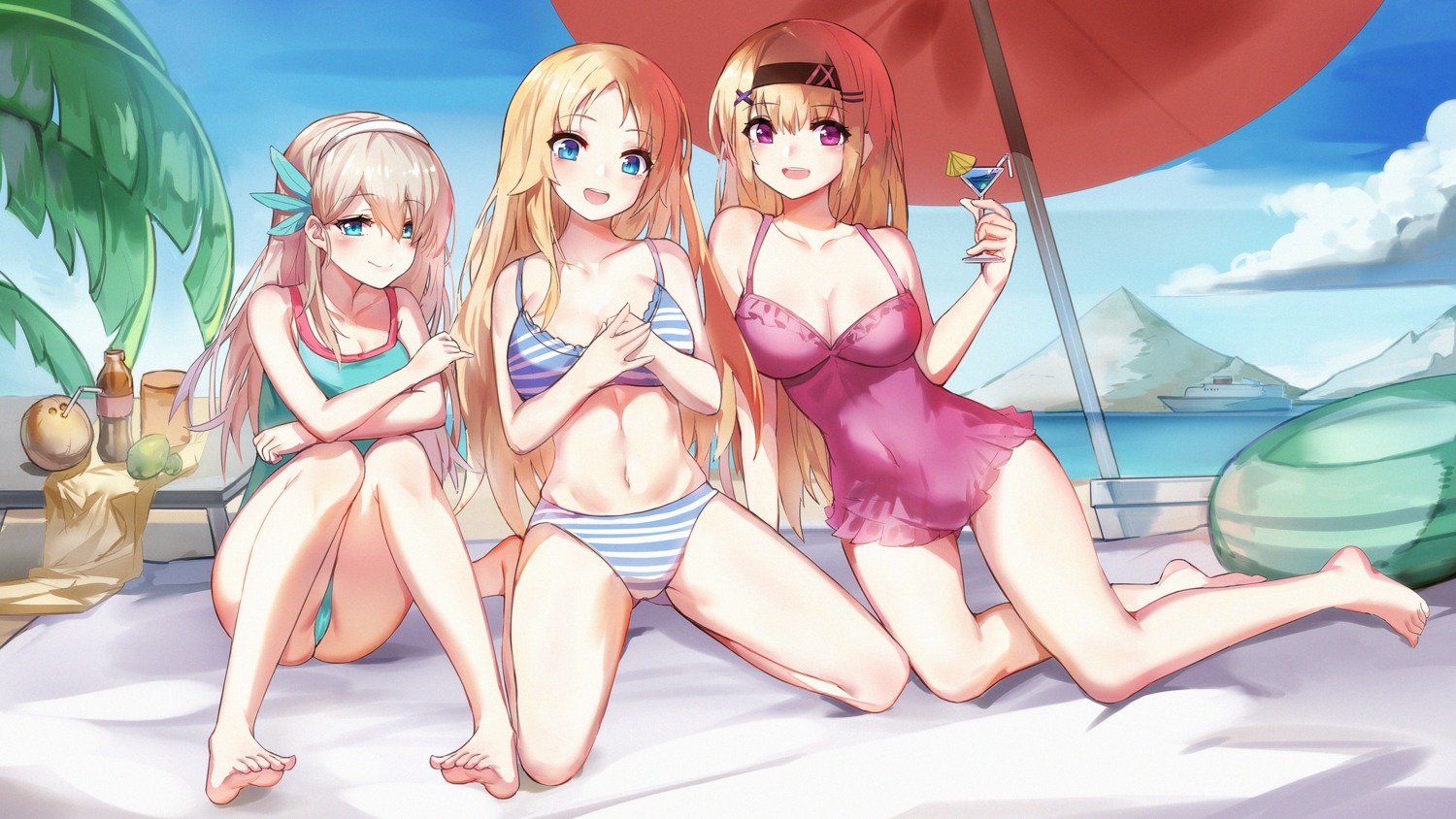 bikini, breast_hold, cleavage, constellation_(zhanjianshaonv), lexington_(zhanjianshaonv), saratoga_(zhanjianshaonv), swimsuits, ze_(wzfnn001), zhanjianshaonv