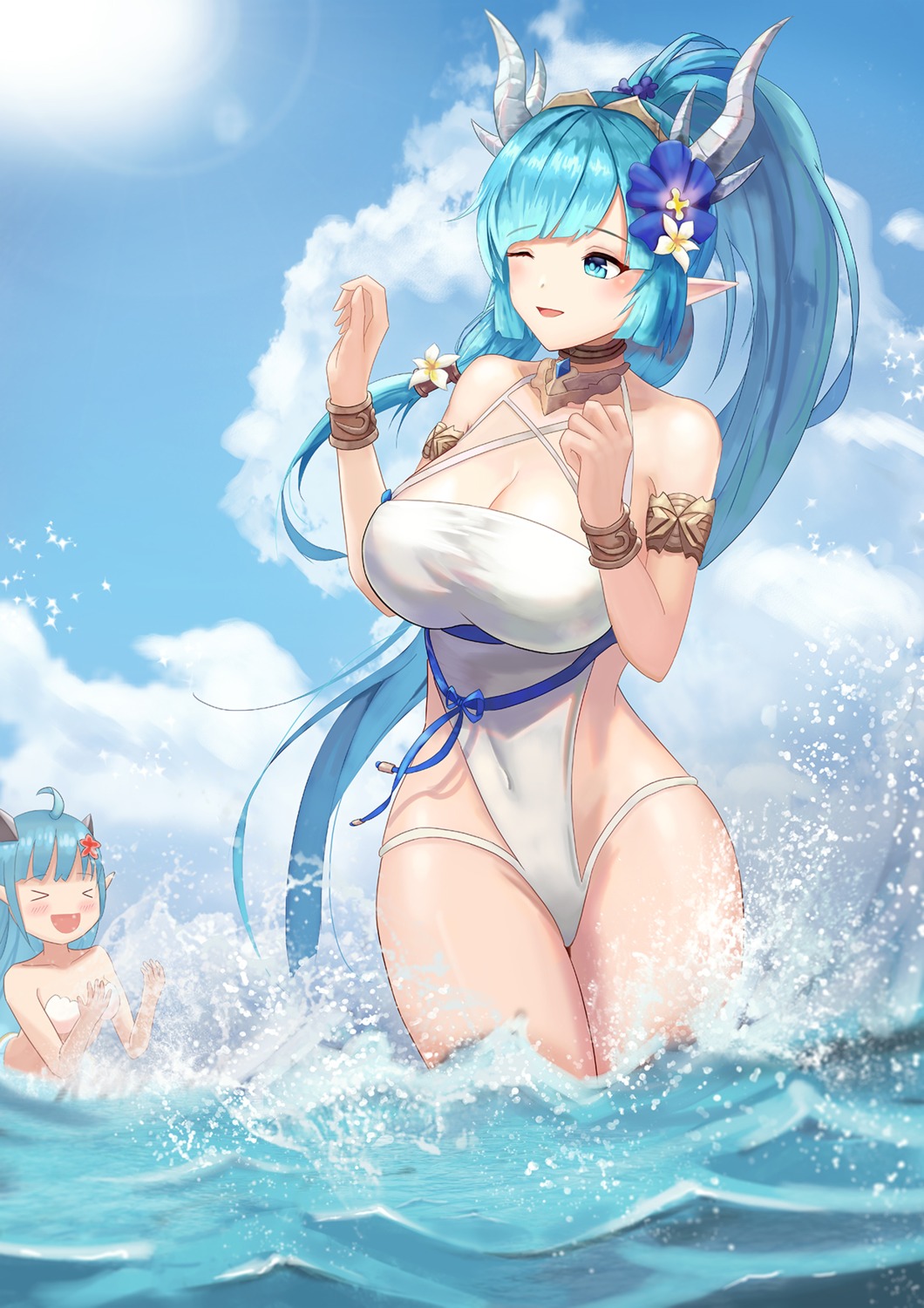 abeen_jhong, bikini, cleavage, horns, king's_raid, laias_(king's_raid), lilia_(king's_raid), pointy_ears, swimsuits, wet