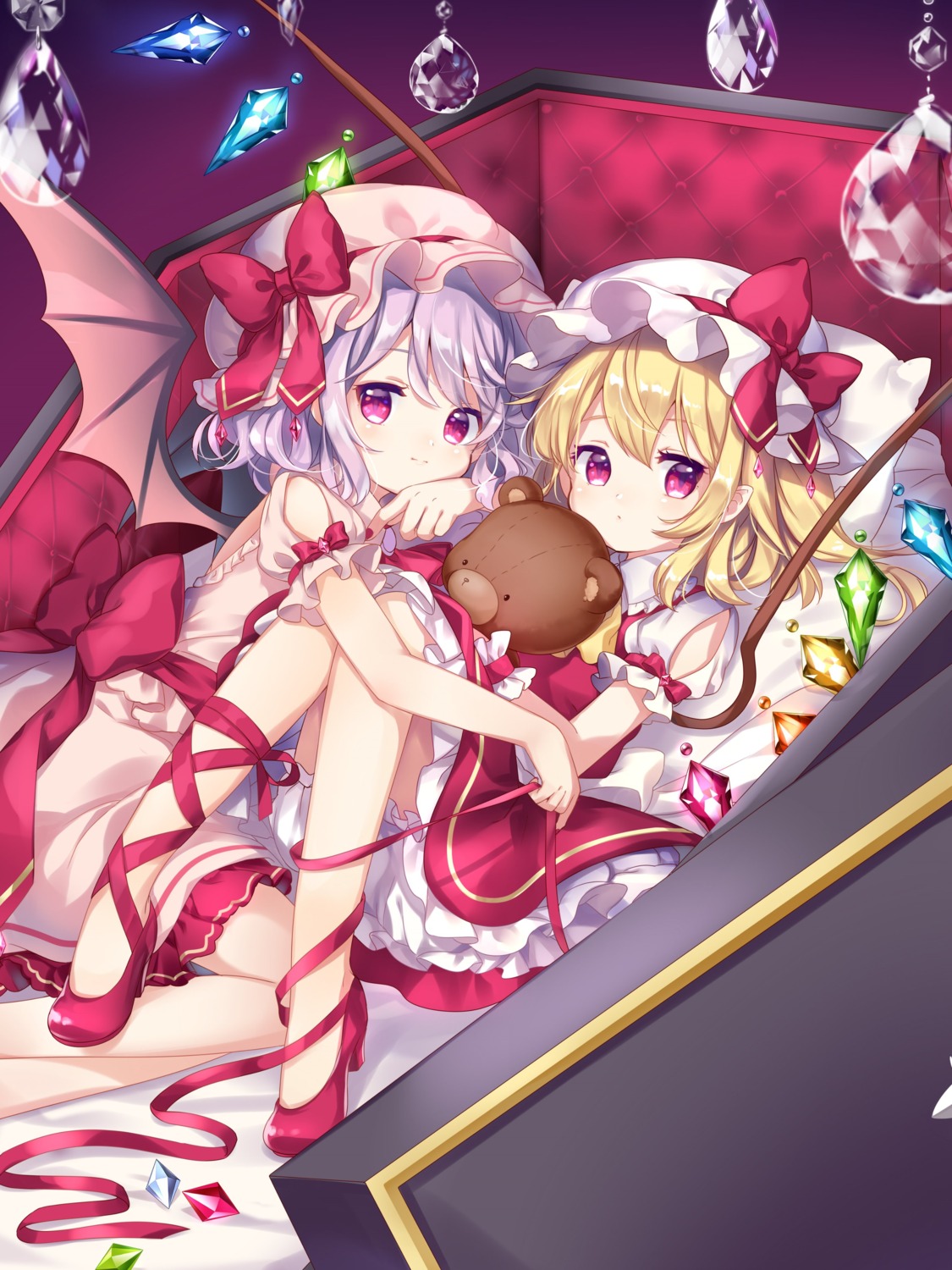 bloomers, flandre_scarlet, heels, mimi_(mimi_puru), remilia_scarlet, skirt_lift, touhou, wings