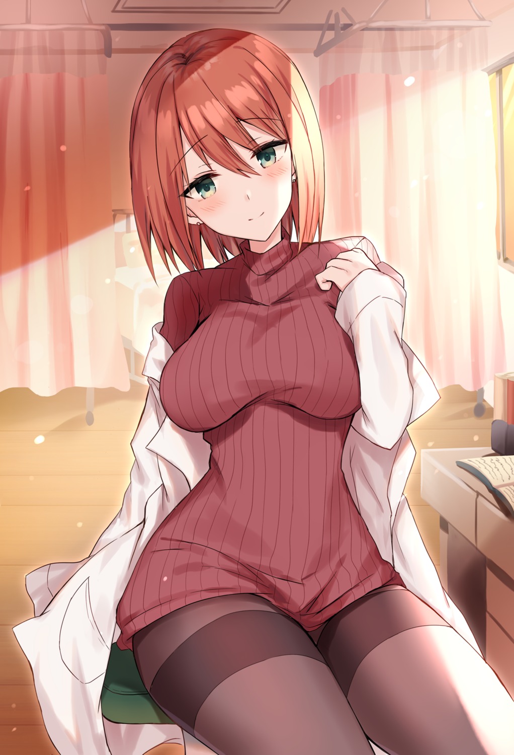 breast_hold, kinona, pantyhose, sweater