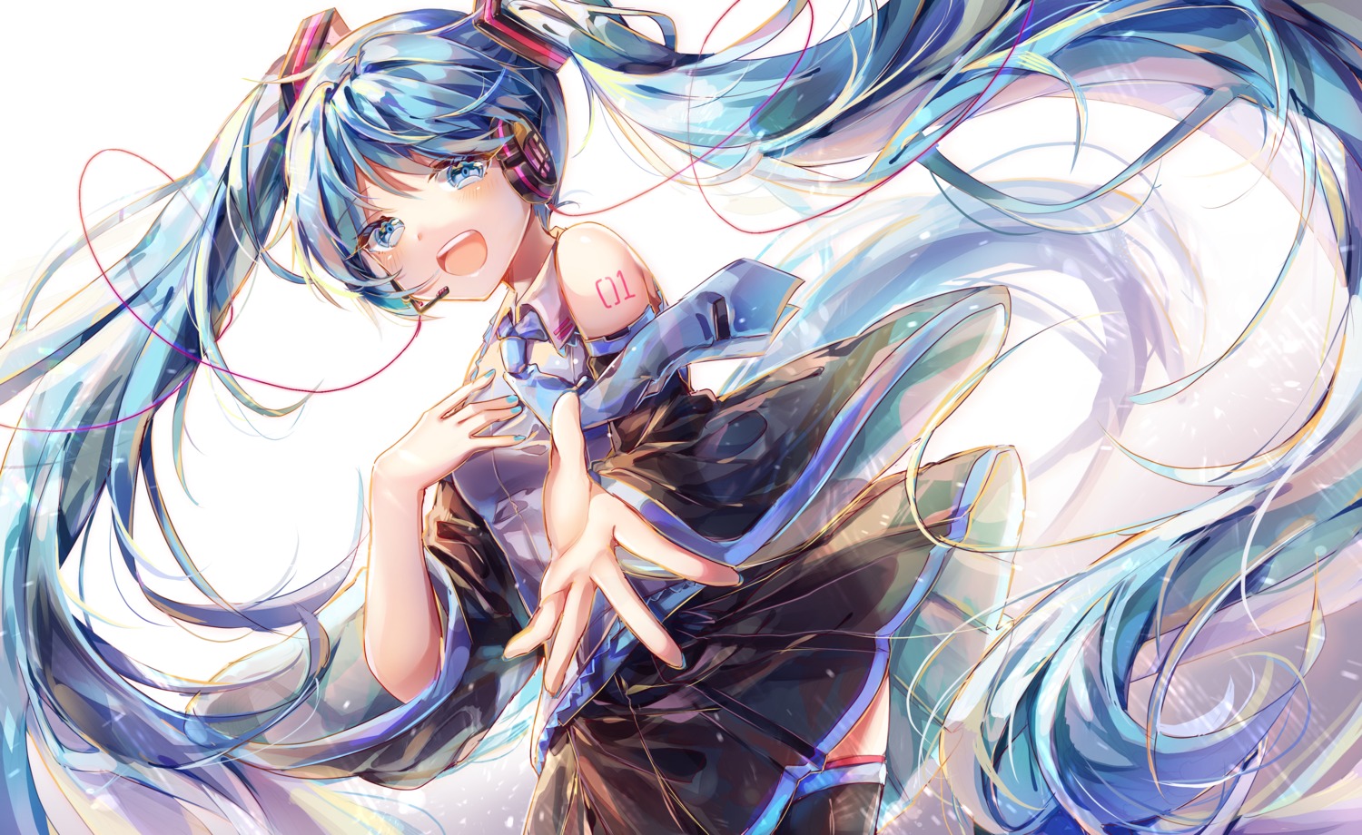 ayatsuki_sugure, hatsune_miku, headphones, skirt_lift, tattoo, thighhighs, vocaloid