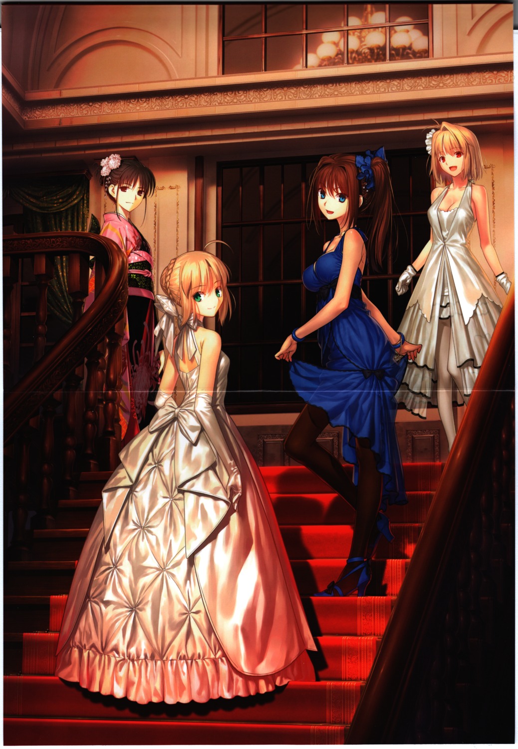 aozaki_aoko, arcueid_brunestud, artoria_pendragon_(fate), cleavage, crease, crossover, dress, fate/stay_night
