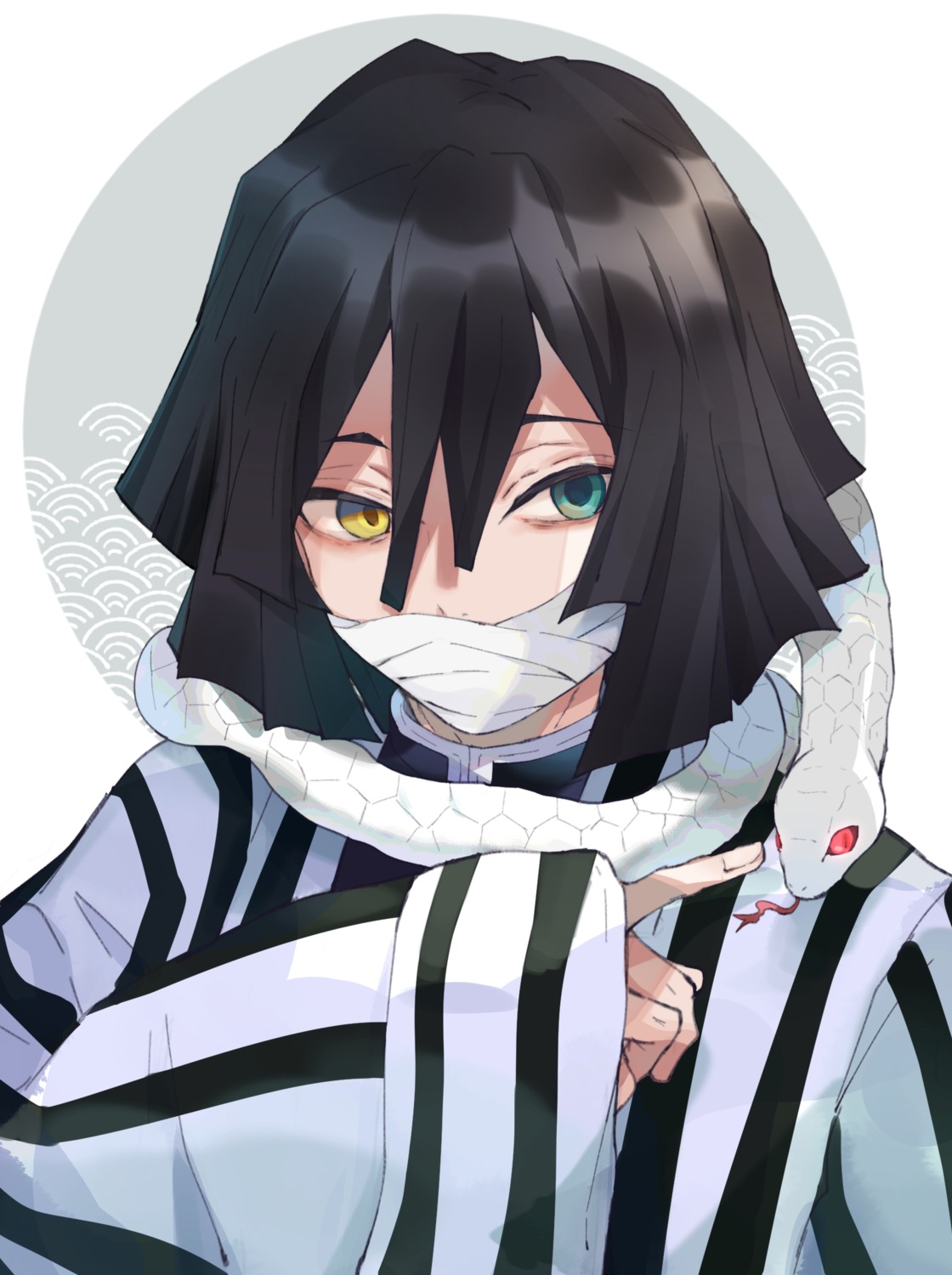 bandages, heterochromia, iguro_obanai, kaburamaru, kayanogura, kimetsu_no_yaiba, male