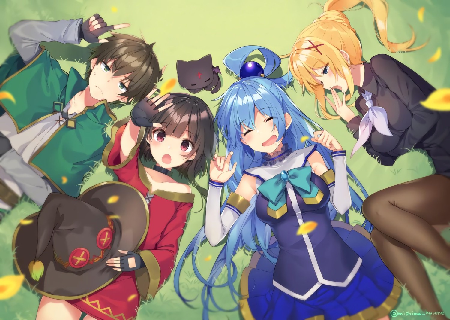 aqua_(konosuba), breast_hold, chomusuke, dress, dustiness_ford_raratina, kono_subarashii_sekai_ni_shukufuku_wo!, megumin, mishima_kurone