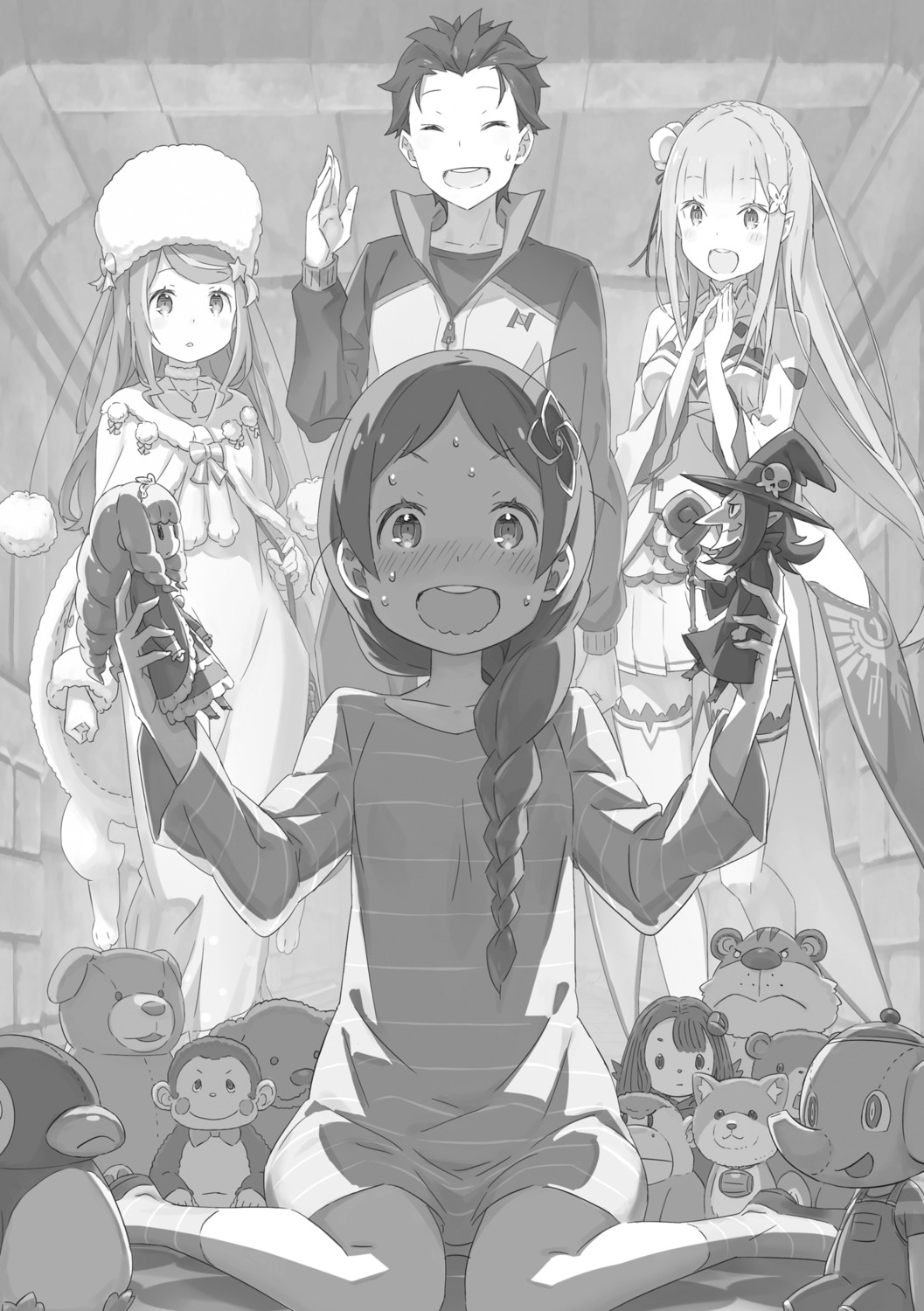 anastasia_hoshin, chibi, dress, elf, emilia_(re_zero), meili_portroute, monochrome, natsuki_subaru