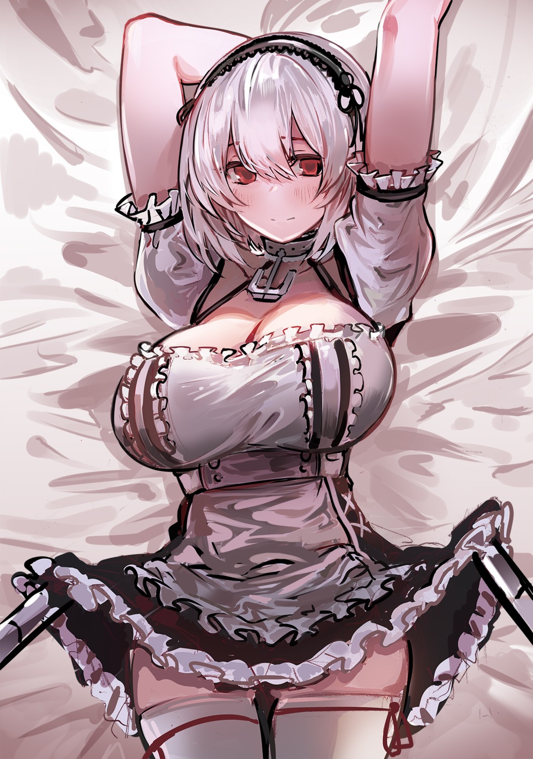 azur_lane, cleavage, maid, sirius_(azur_lane), skirt_lift, snowru, thighhighs