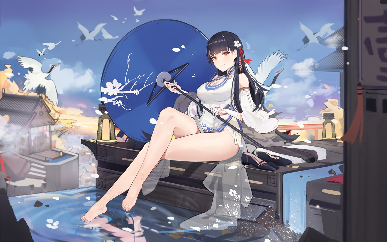 azur_lane, chinadress, cleavage, feet, plumw, see_through, umbrella, wet