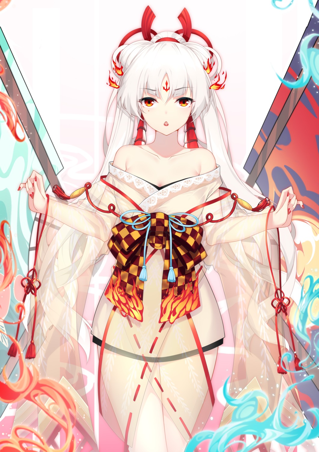 cleavage, japanese_clothes, no_bra, onmyouji, open_shirt, see_through, shiranui_(onmyouji), wu_yao_jun
