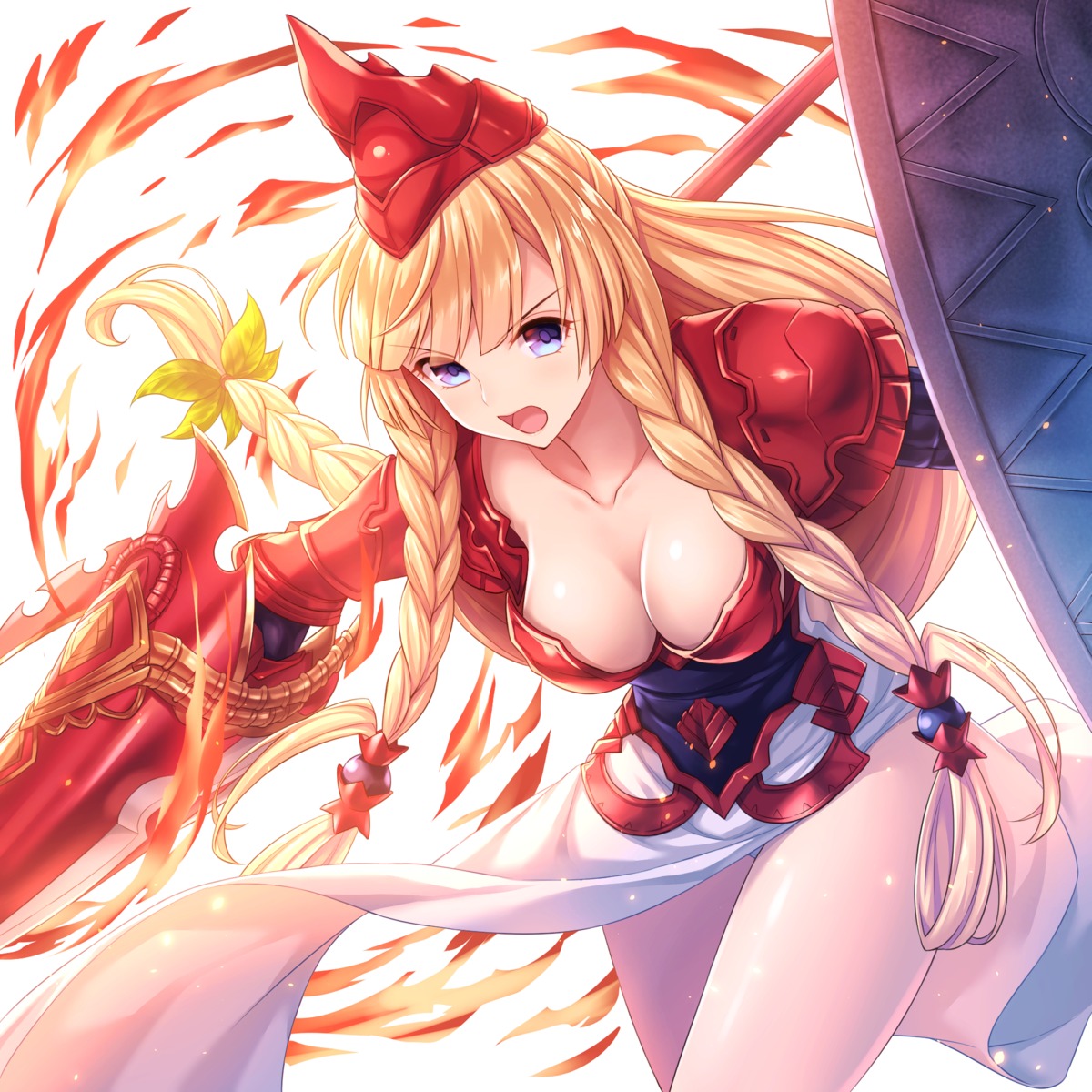 armor, athena_(granblue_fantasy), cleavage, granblue_fantasy, no_bra, tomo_(tmtm_mf_mf), weapon