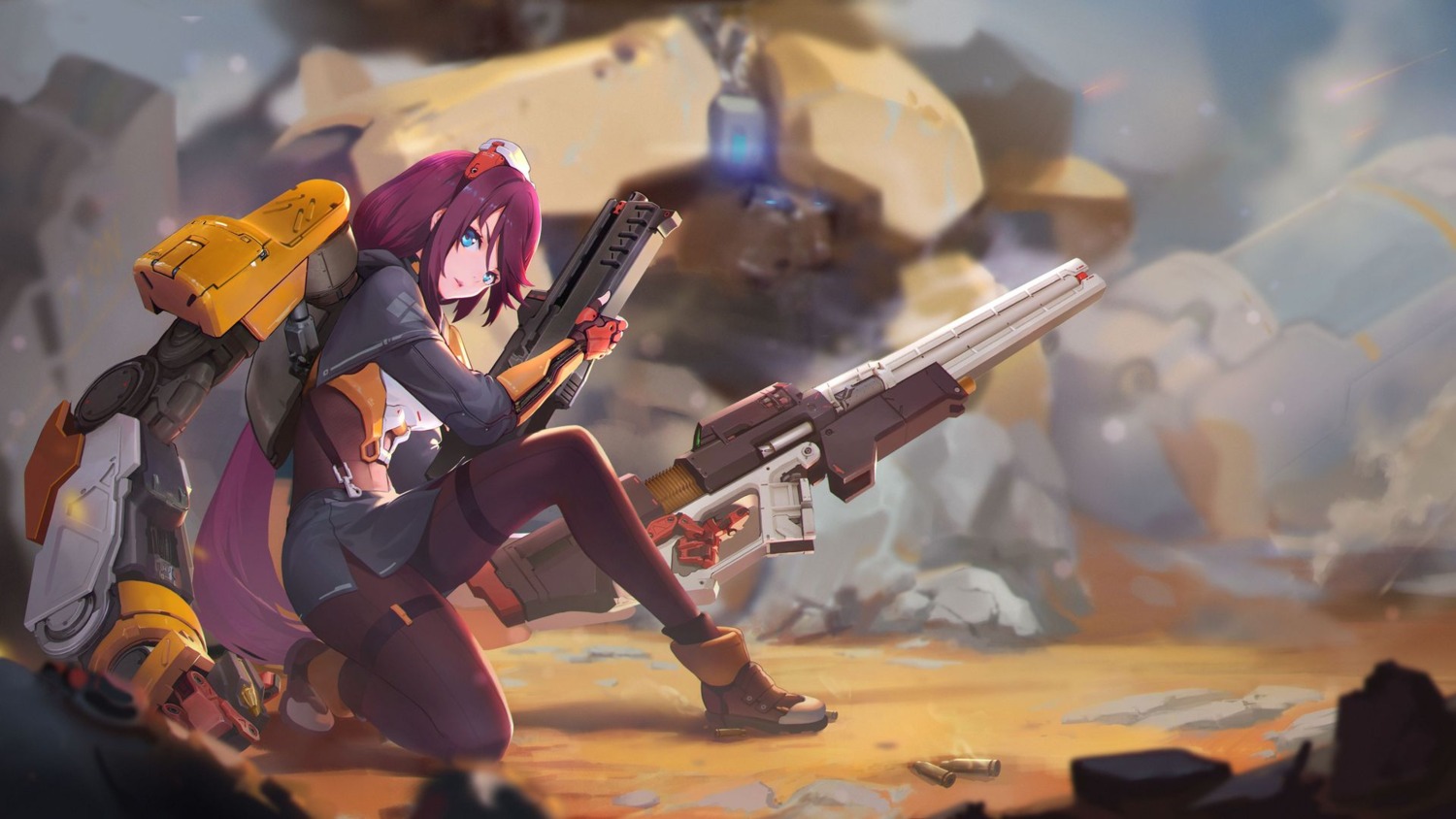 garter, gun, mecha, nfb-zmc, pantyhose, skirt_lift, wallpaper