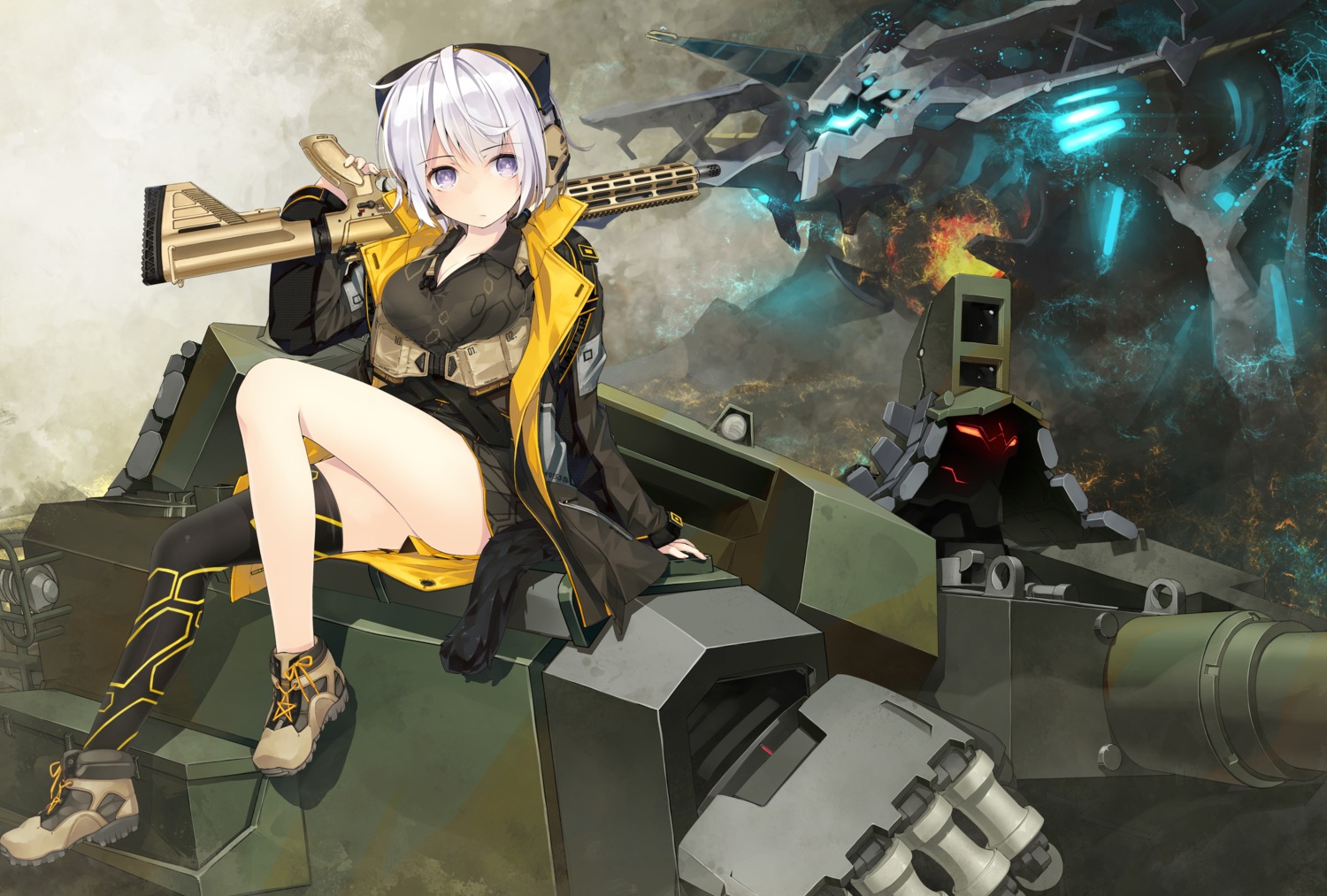 gun, headphones, mecha, nanaroku, thighhighs