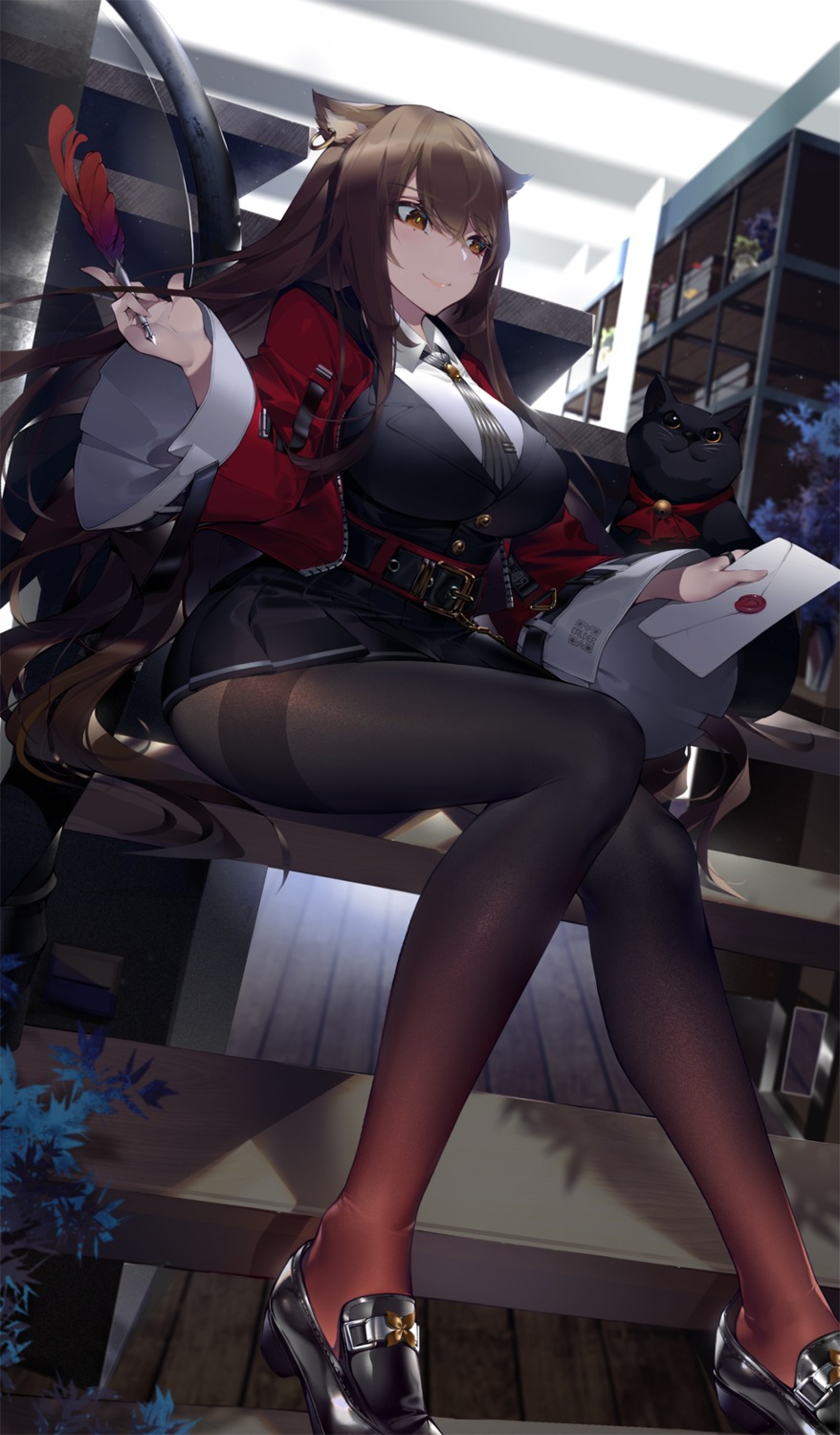 arknights, calder, heels, neko, pantyhose, skyfire_(arknights), uniform