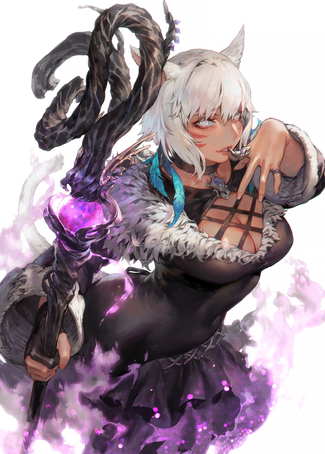 animal_ears, aoin, cleavage, final_fantasy, final_fantasy_xiv, miqo'te, tail, weapon