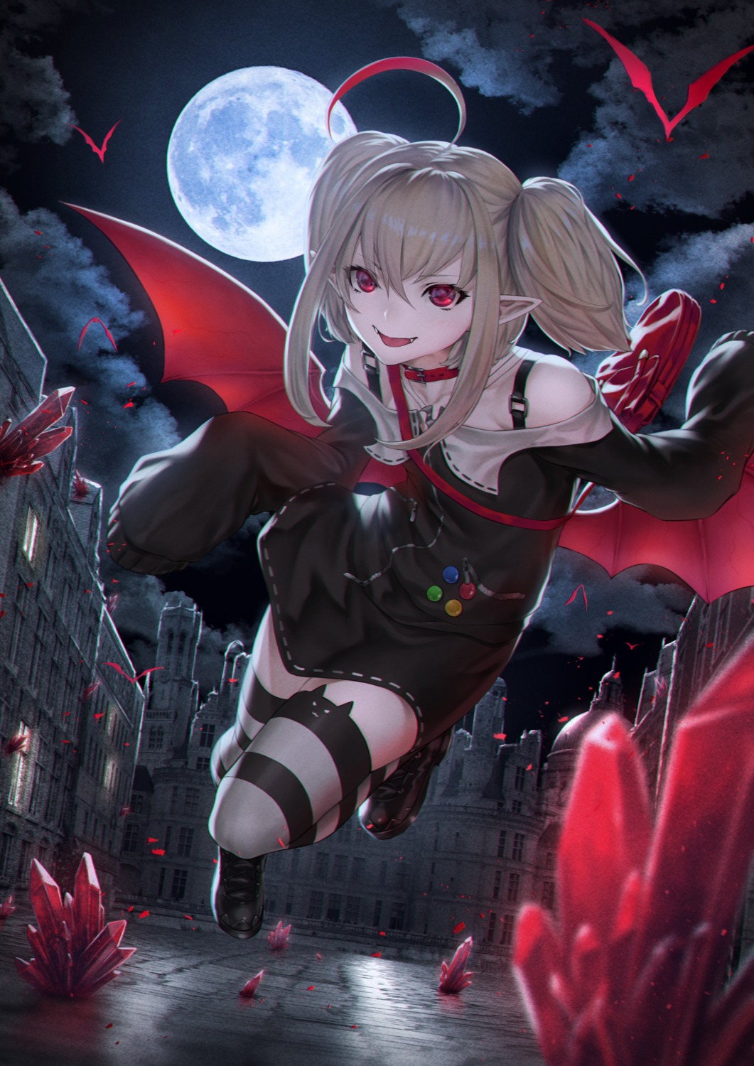 dress, makaino_ririmu, mugetsu, nijisanji, nijisanji_gamers, pointy_ears, thighhighs, wings