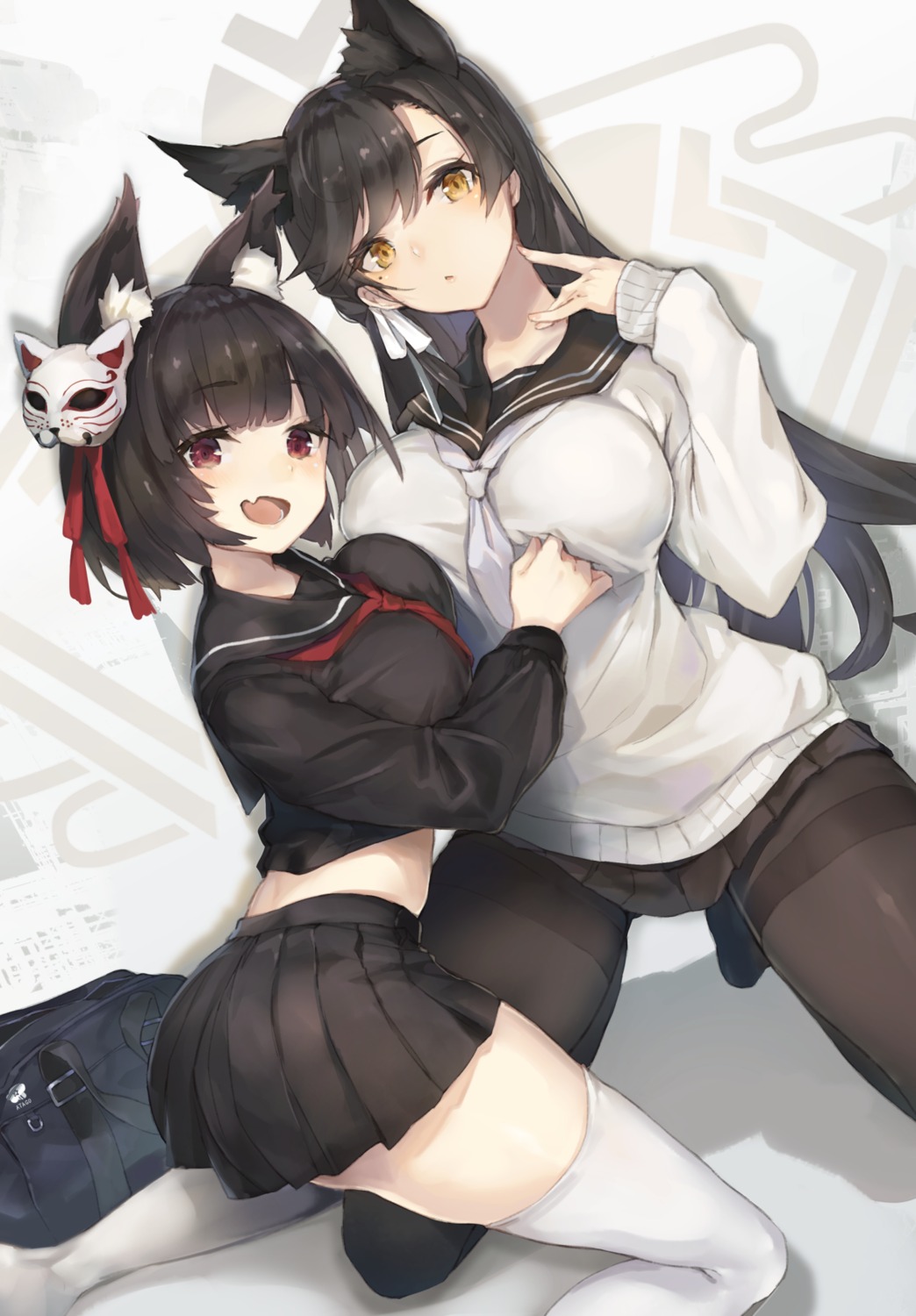 animal_ears, atago_(azur_lane), azur_lane, breast_hold, cruel_gz, pantyhose, seifuku, sweater
