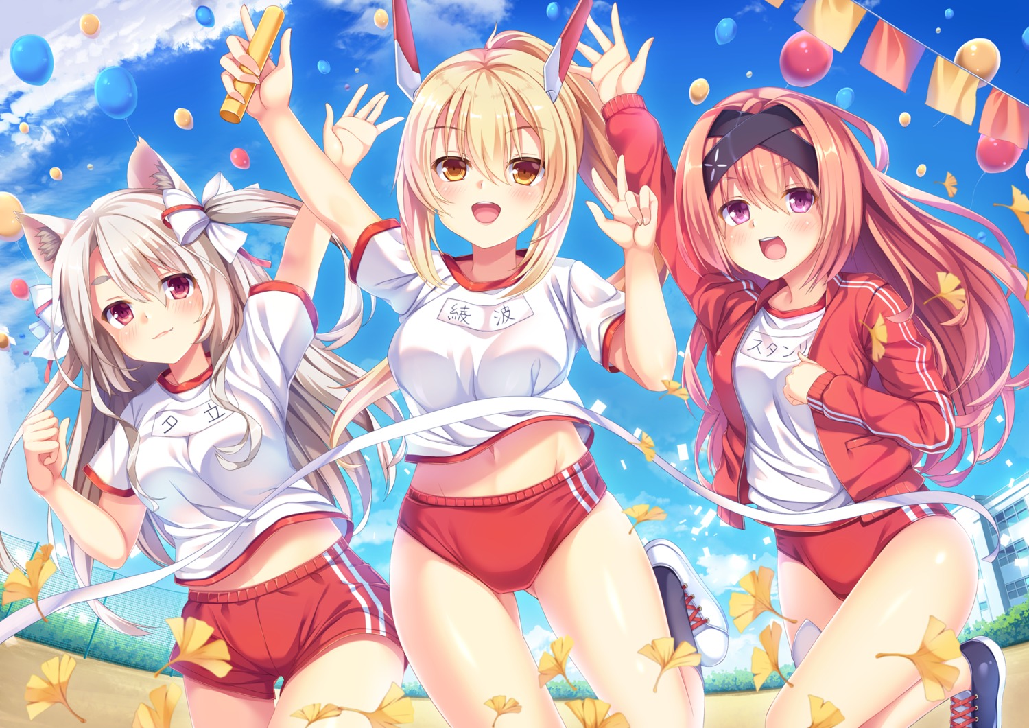 animal_ears, ayanami_(azur_lane), azur_lane, buruma, gym_uniform, shirt_lift, stanly_(azur_lane), umitonakai, yuudachi_(azur_lane)