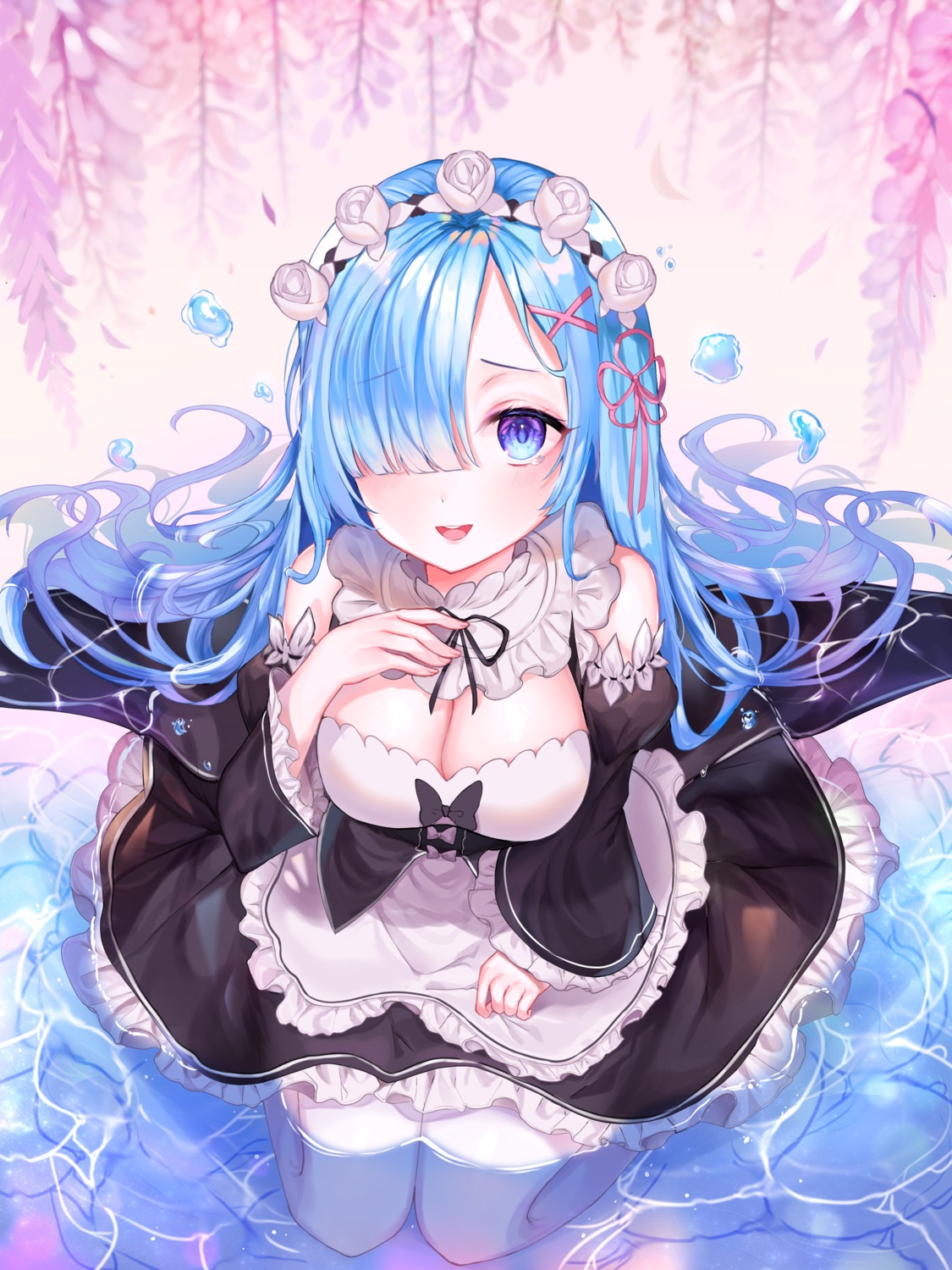 cleavage, maid, re:zero_kara_hajimeru_isekai_seikatsu, rem_(re_zero), wet, yam