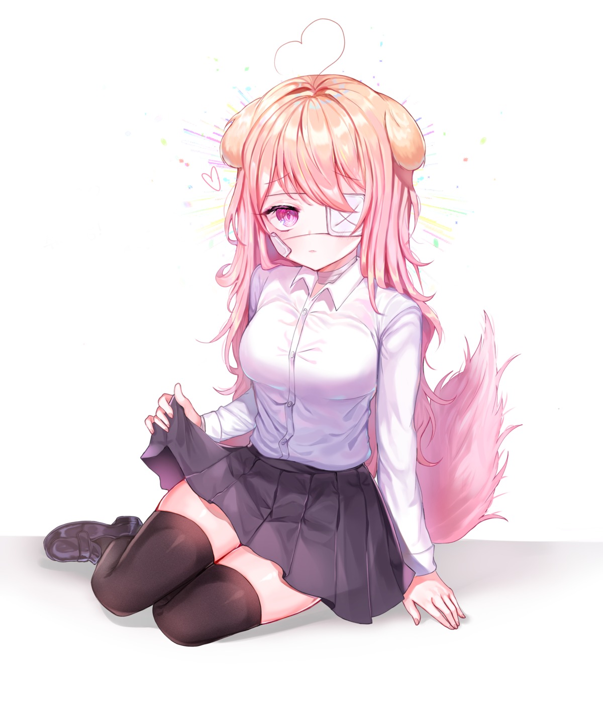 animal_ears, eyepatch, seifuku, skirt_lift, tail, thighhighs, yam_(dr_yammy)