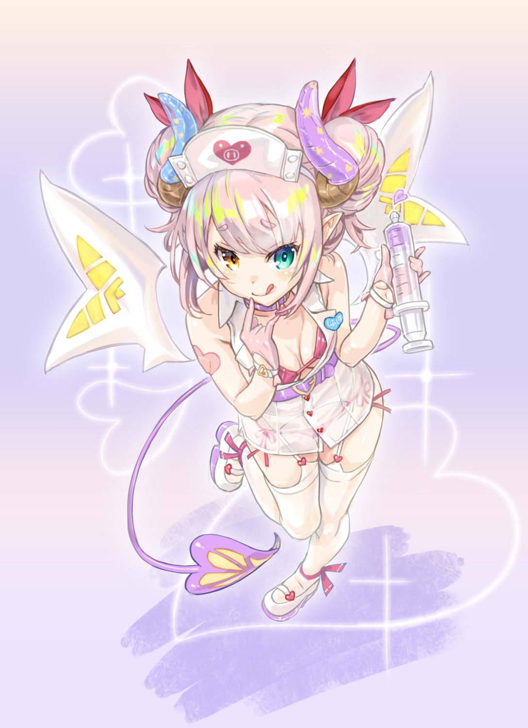 bra, heterochromia, horns, nurse, open_shirt, ore_p_1gou, pantsu, pointy_ears