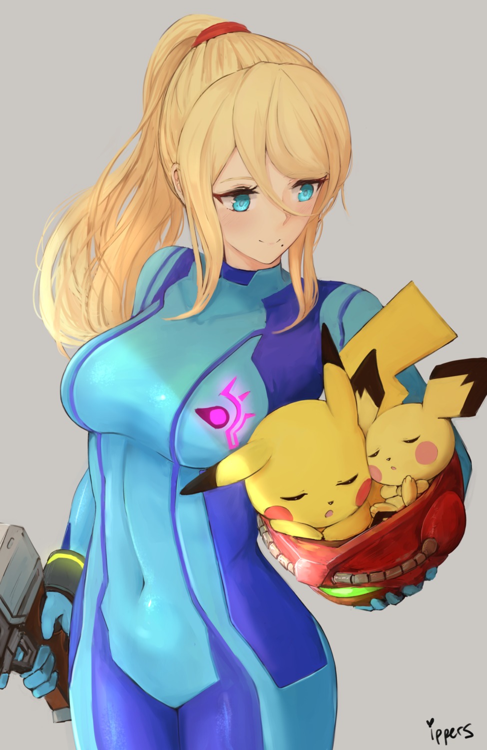 bodysuit, gun, ippers, metroid, pichu, pikachu, pokemon, samus_aran