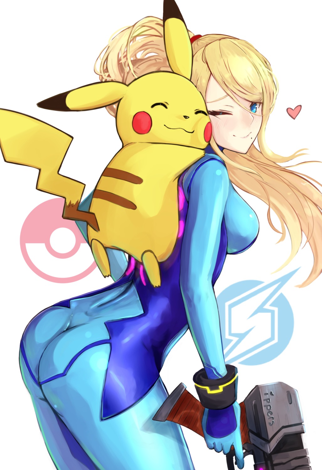 ass, bodysuit, gun, ippers, metroid, pikachu, pokemon, samus_aran, super_smash_bros.