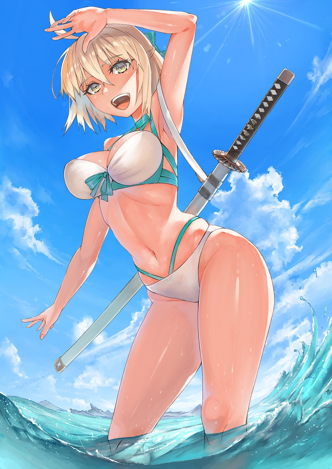 bikini, fate/grand_order, okita_souji_(fate), srsojiro, swimsuits, sword, wet