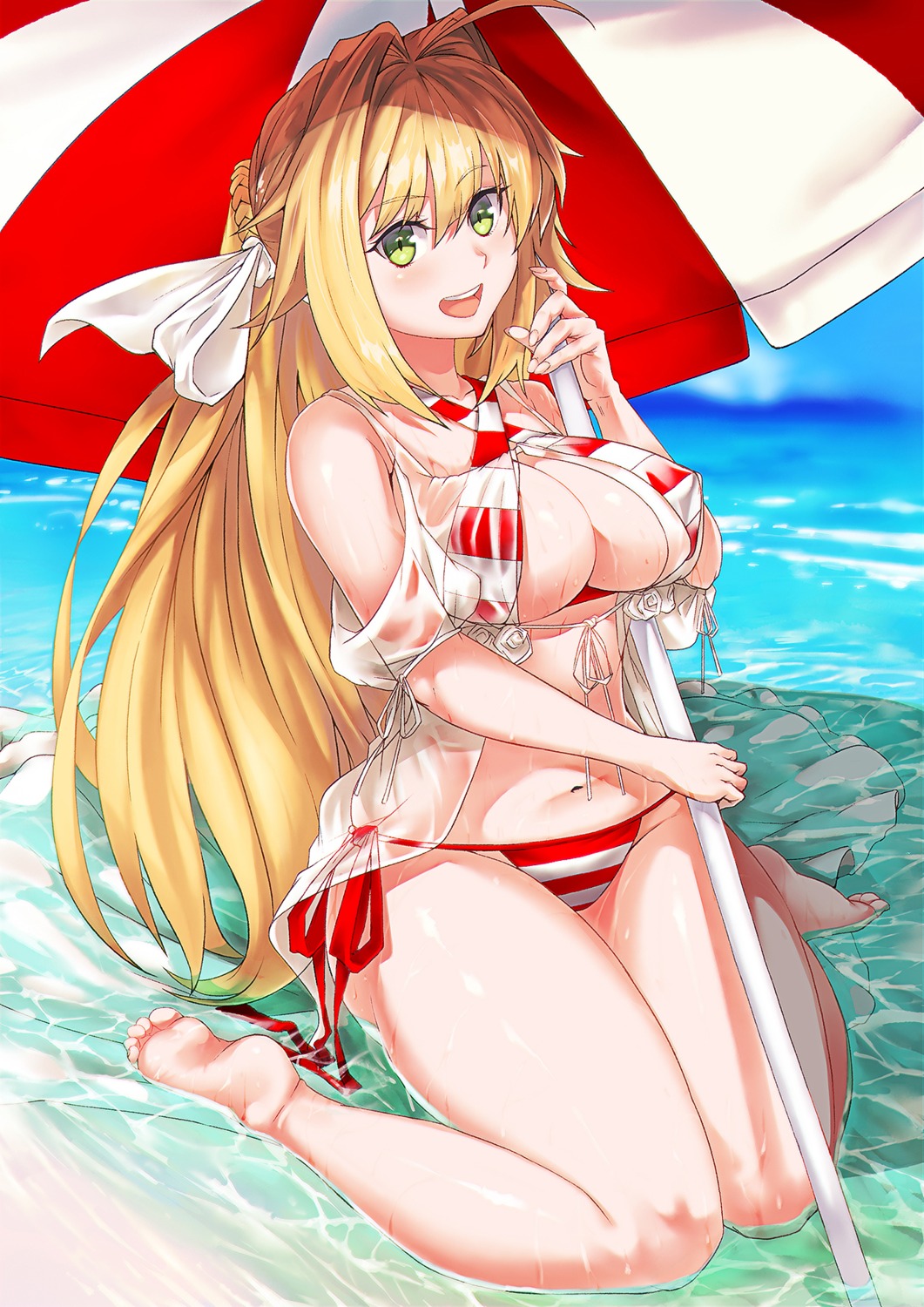 bikini, fate/grand_order, nero_claudius_(fate), open_shirt, see_through, srsojiro, swimsuits, wet