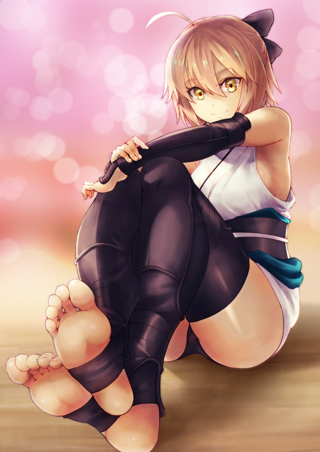 fate/grand_order, feet, japanese_clothes, okita_souji_(fate), pantsu, srsojiro, thighhighs