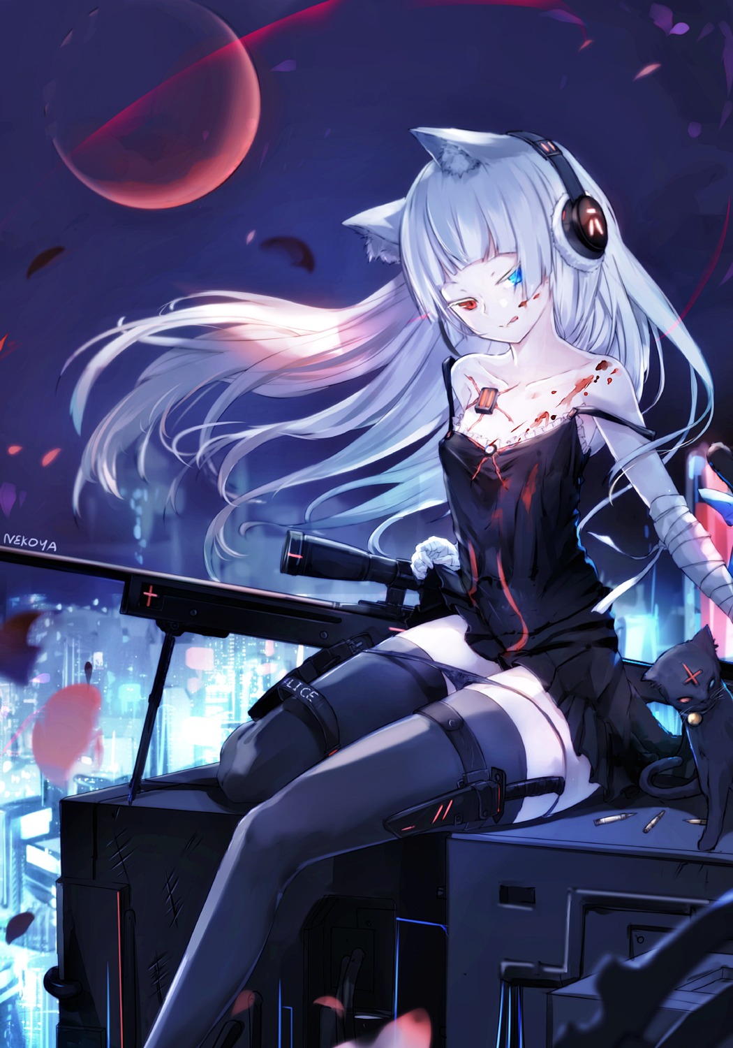 animal_ears, awp_(girls_frontline), bandages, blood, girls_frontline, gun, headphones, heterochromia