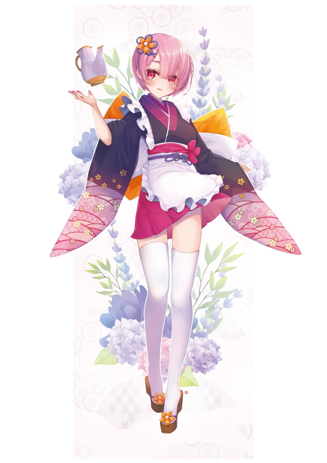 jii_dayday, maid, ram_(re_zero), re:zero_kara_hajimeru_isekai_seikatsu, skirt_lift, thighhighs, wa_maid