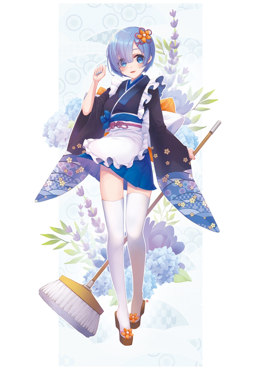 jii_dayday, maid, re:zero_kara_hajimeru_isekai_seikatsu, rem_(re_zero), skirt_lift, thighhighs, wa_maid