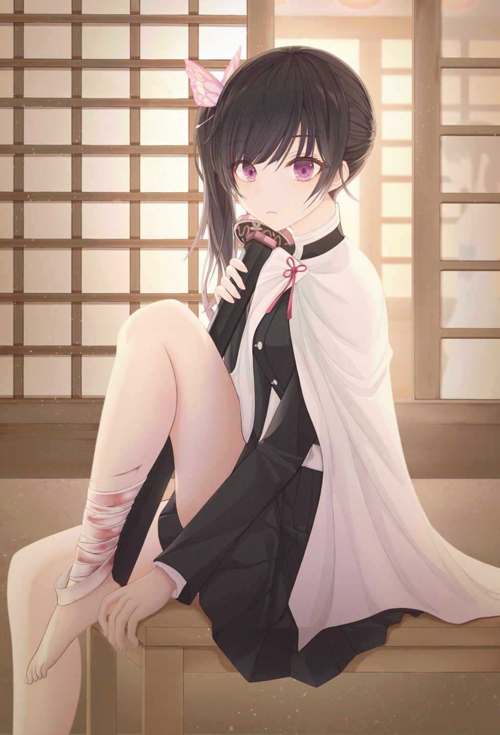 bandages, blood, fakegeo, feet, kimetsu_no_yaiba, skirt_lift, sword, tsuyuri_kanao, uniform