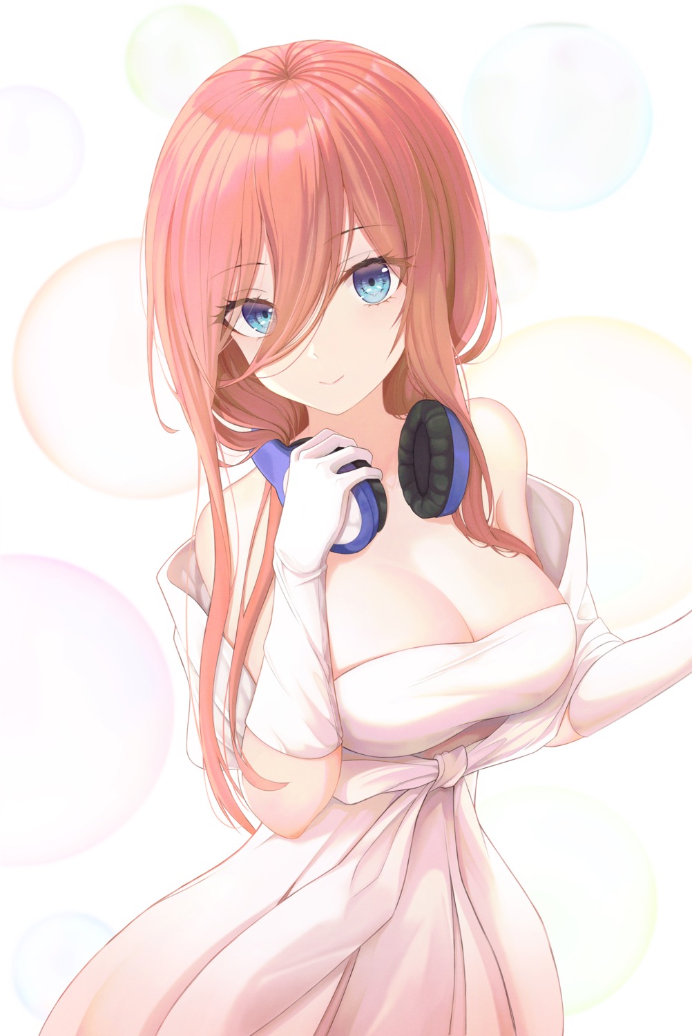 5-toubun_no_hanayome, breast_hold, dress, fakegeo, headphones, nakano_miku, no_bra, wedding_dress