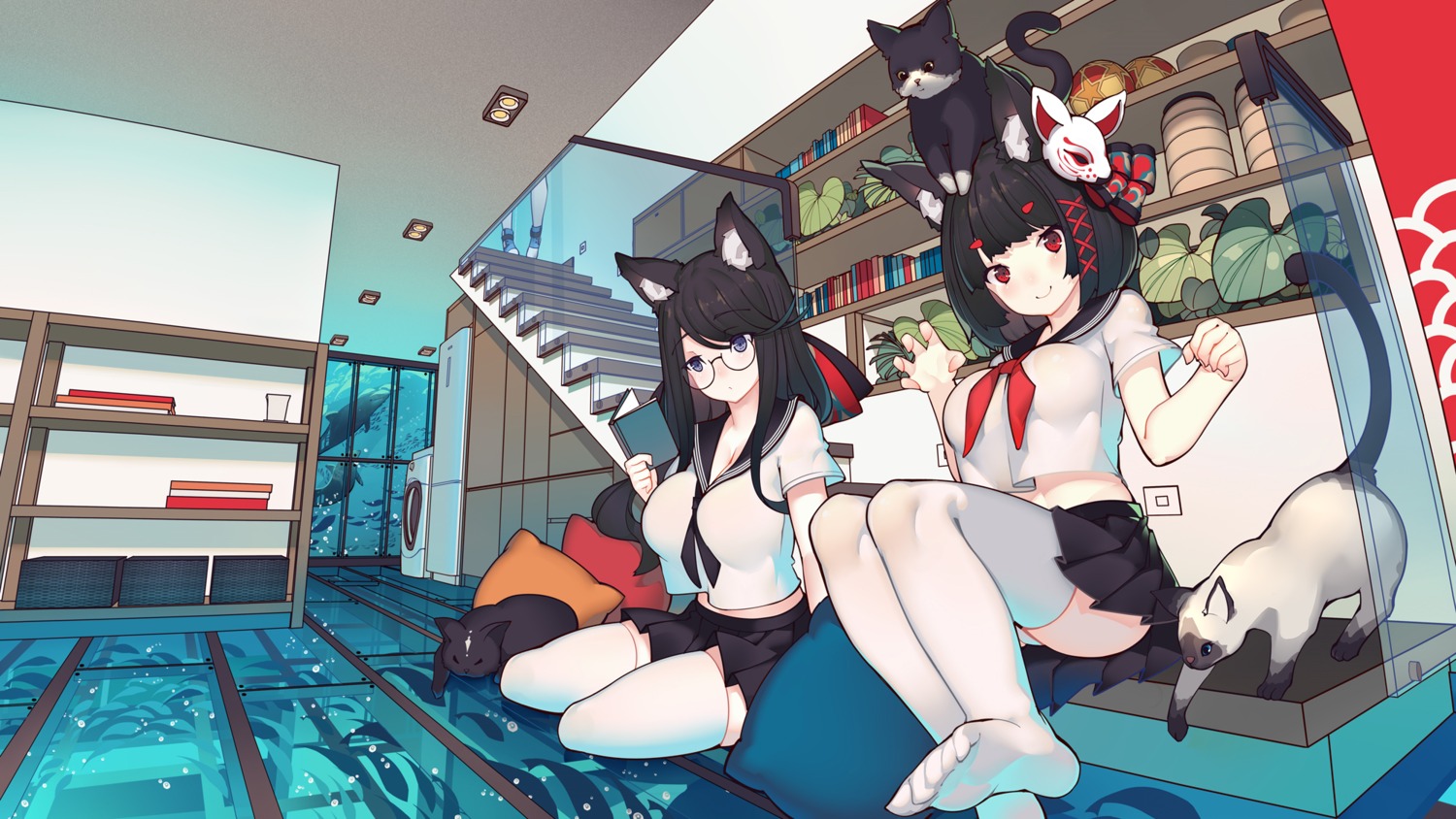 animal_ears, azur_lane, cleavage, fusou_(azur_lane), megane, neko, rain_lan, seifuku
